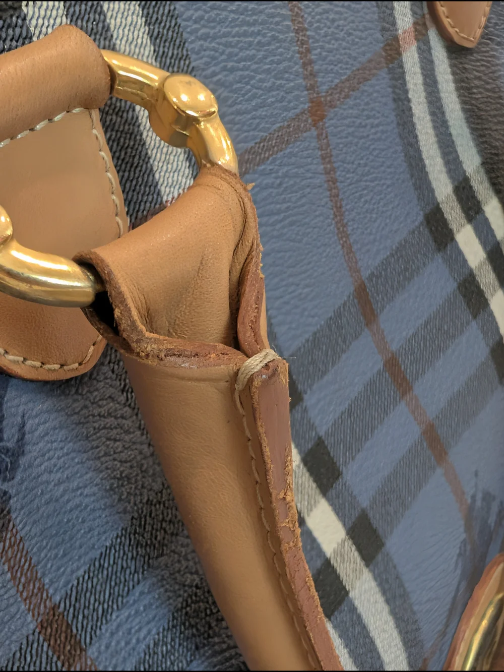 Vintage Burberrys Of London Blue Nova Check Bowling Satchel with Tan Leather
